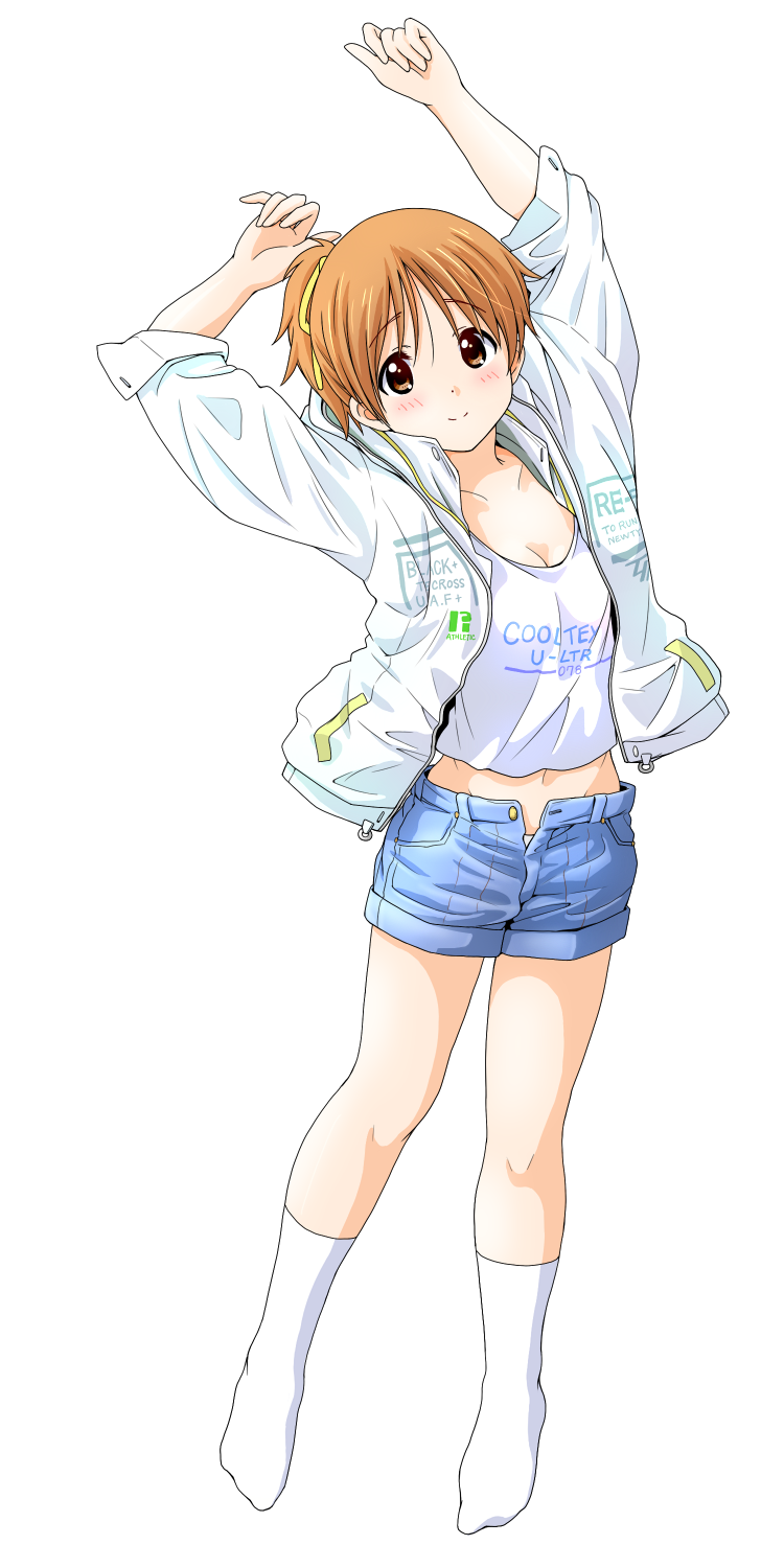1girl arms_up blue_shorts blush breasts brown_eyes brown_hair cleavage clothes_writing collarbone dresstrip eyebrows eyebrows_visible_through_hair full_body hair_ribbon hands_above_head highres hirasawa_ui jacket k-on! looking_at_viewer midriff navel no_shoes open_clothes open_fly open_jacket panties ponytail ribbon shirt simple_background smile solo tank_top unbuttoned underwear unfastened white_background white_legwear white_shirt