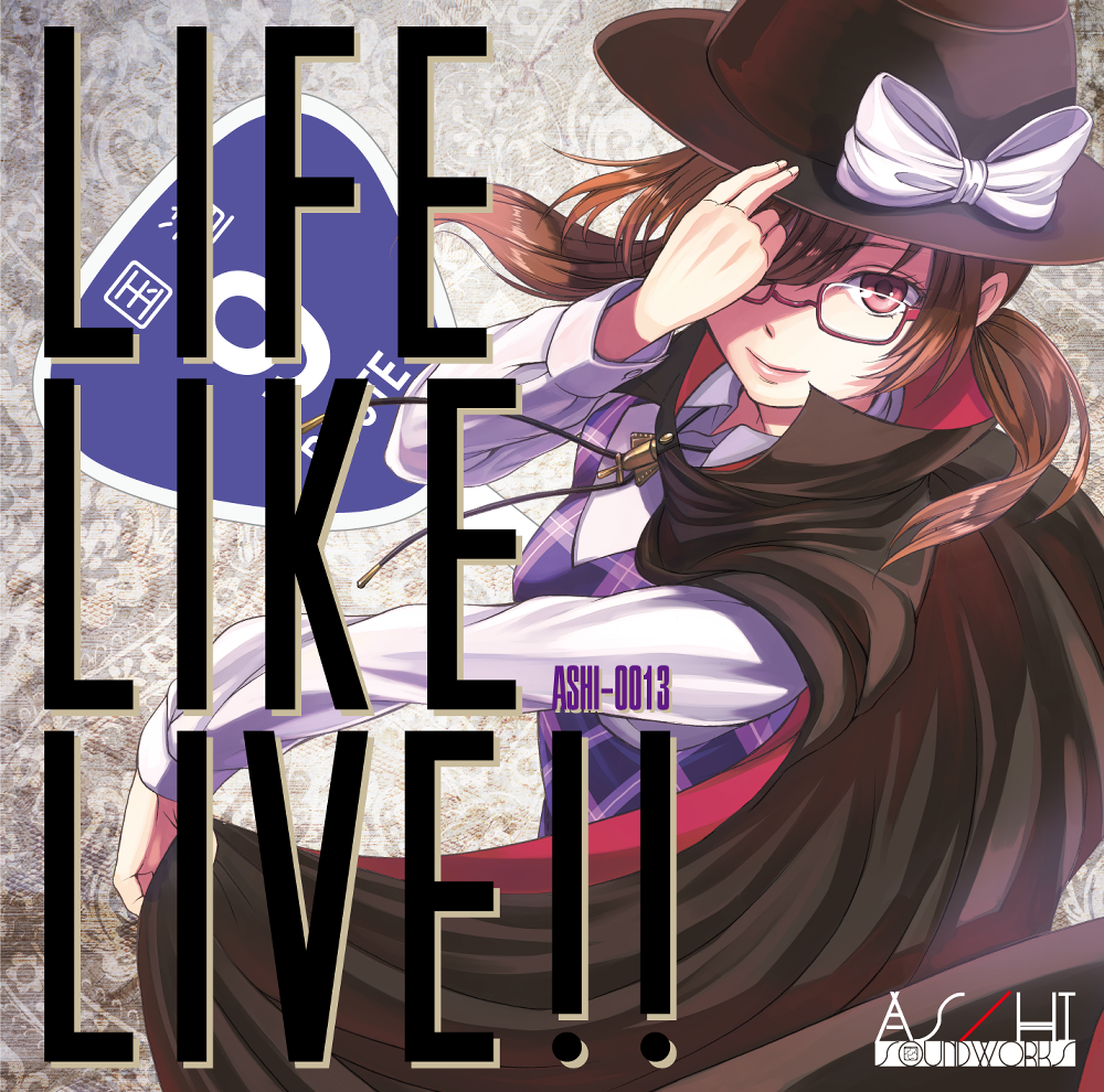 !! 1girl album_cover bangs black_cape black_ribbon bolo_tie bow brown_eyes brown_hair cape closed_mouth collared_shirt cover glasses hand_on_headwear hat hat_bow kyuu_umi long_sleeves low_twintails number one_eye_covered plaid red-framed_glasses red_eyes ribbon semi-rimless_glasses shirt smile solo text touhou twintails under-rim_glasses usami_sumireko white_bow white_shirt
