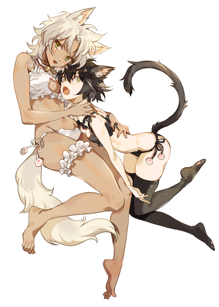 2girls animal_ears bare_legs barefoot bell bell_choker black_bra black_hair black_legwear black_panties blush bra cat_ears cat_lingerie cat_tail choker cleavage_cutout dark_skin fang green_eyes hair_between_eyes hand_on_another's_shoulder inzup jingle_bell leg_garter multiple_girls navel open_mouth original panties paw_print short_hair side-tie_panties silver_hair simple_background small_breasts string_panties tail thigh-highs underwear underwear_only white_background white_bra white_panties yellow_eyes