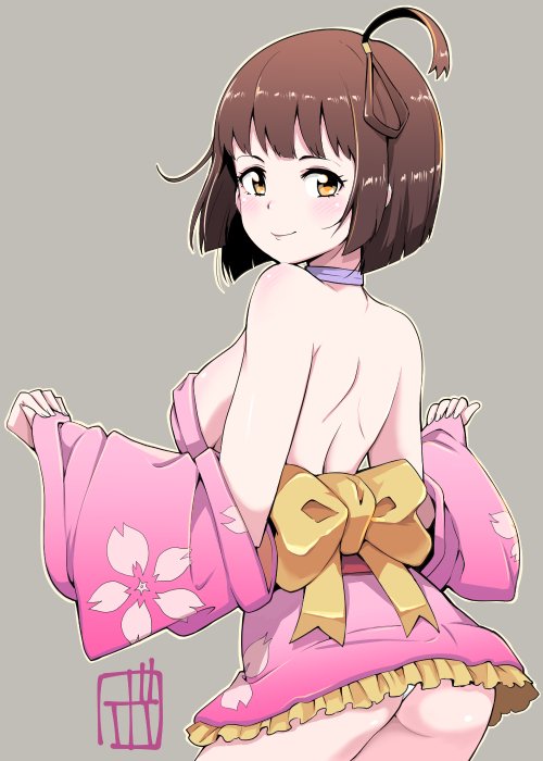 1girl ahoge ass bare_back bare_shoulders bow bowieknife breasts brown_hair choker commentary_request detached_sleeves hair_ribbon japanese_clothes kimono koutetsujou_no_kabaneri looking_at_viewer mumei_(kabaneri) ribbon ribbon_choker short_hair short_kimono sideboob solo