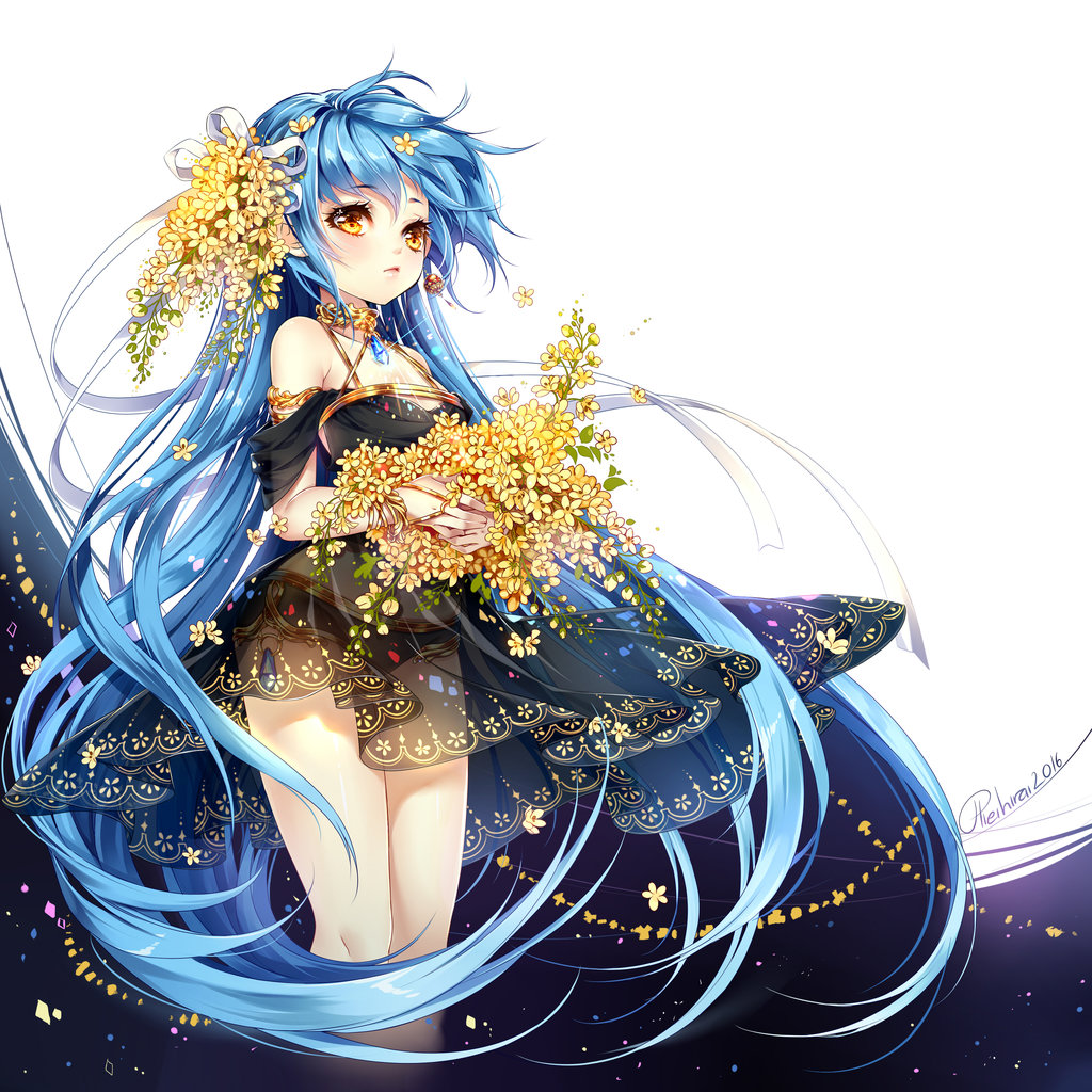 1girl 2016 :&lt; armlet artist_name bare_legs black_dress black_panties blush bouquet closed_mouth coller dress earrings expressionless floating_hair flower gem hair_flower hair_ornament hair_ribbon hieihirai holding holding_flower jewelry lips long_hair looking_afar messy_hair off-shoulder_dress off_shoulder original panties pendant ribbon ring sapphire_(stone) see-through simple_background single_earring solo standing tsurime underwear very_long_hair white_background white_ribbon wind yellow_eyes yellow_flower