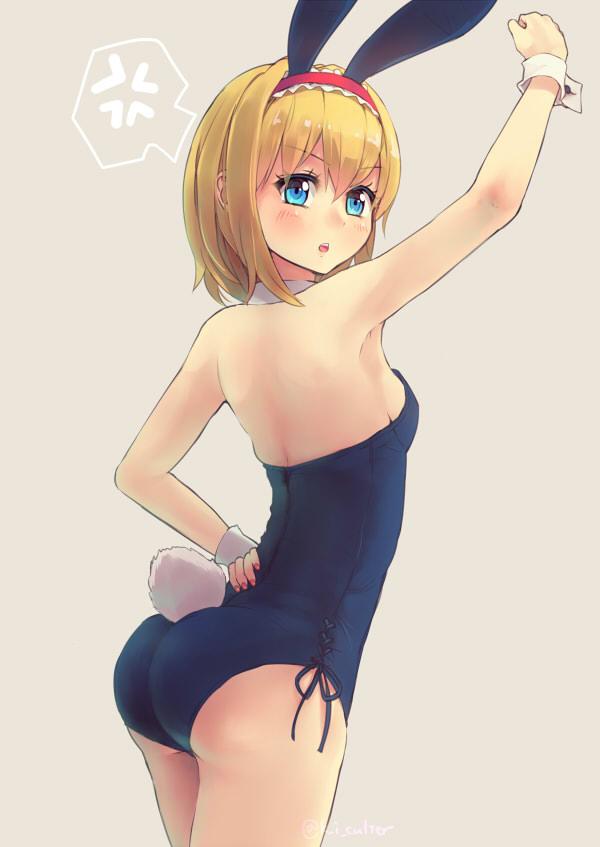 &gt;:o 1girl :o alice_margatroid alternate_costume anger_vein animal_ears arm_up armpits ass back bare_shoulders bent_over blonde_hair blue_eyes blush breasts bunny_girl bunny_tail bunnysuit commentary_request cowboy_shot culter detached_collar fake_animal_ears hairband leotard lolita_hairband looking_at_viewer rabbit_ears sideboob small_breasts spoken_anger_vein tail touhou tsurime twitter_username wrist_cuffs