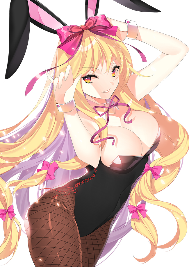 1girl alternate_costume animal_ears bangs bare_shoulders black_leotard blonde_hair bow breasts brown_legwear bunny_girl bunnysuit cleavage cowboy_shot cross-laced_clothes detached_collar eyebrows eyebrows_visible_through_hair eyelashes fishnet_pantyhose fishnets hair_bow hand_on_own_head hands_up large_breasts leotard long_hair looking_at_viewer neck_ribbon orange_eyes pantyhose pink_bow purple_ribbon rabbit_ears red_ribbon ribbon roh_nam_kyung side-tie_leotard simple_background smile solo strapless strapless_leotard touhou very_long_hair white_background wrist_cuffs yakumo_yukari
