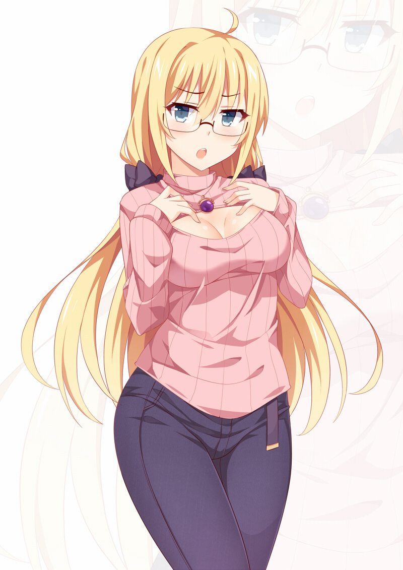 &gt;:o 1girl :o ahoge amethyst black-framed_glasses black_bow blue_eyes blue_pants blush bow breasts cleavage cleavage_cutout cowboy_shot denim eyebrows eyebrows_visible_through_hair gem glasses hair_between_eyes hair_bow hands_on_own_chest jeans jewelry large_breasts legs_together long_hair looking_at_viewer mmrailgun necklace open-chest_sweater open_mouth original pants pendant ribbed_sweater semi-rimless_glasses solo standing sweater turtleneck under-rim_glasses zoom_layer