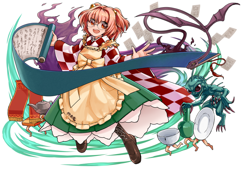 1girl :d apron bell boots bowl checkered_shirt chupacabra clothes_writing commentary_request cross-laced_footwear evil_dragon_(touhou) full_body glasses hair_bell hair_ornament japanese_clothes kimono lace-up_boots looking_at_viewer motoori_kosuzu open_mouth phenne plate red_eyes redhead scroll shirt short_hair smile solo_focus touhou tsukumogami tupai_(touhou) twintails two_side_up white_background wide_sleeves youkai