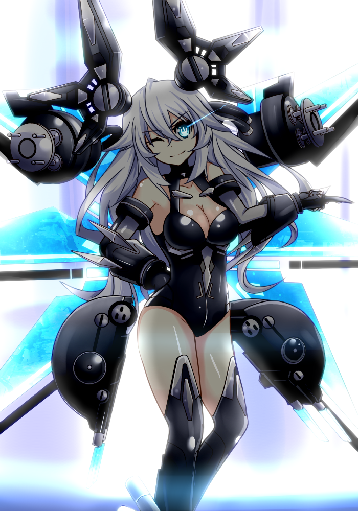 1girl bangs bare_shoulders black_heart blue_eyes breasts cleavage detached_wings elbow_gloves gloves leotard long_hair looking_at_viewer mechanical_wings neptune_(series) noire one_eye_closed smile solo symbol-shaped_pupils very_long_hair warabi_mochi_(ehimedaisuki) white_hair wings