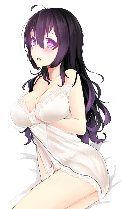 1girl ahoge beifeng_han black_hair blush breasts cleavage large_breasts lingerie long_hair looking_at_viewer miyaura_sanshio negligee nightgown open_mouth original solo underwear violet_eyes