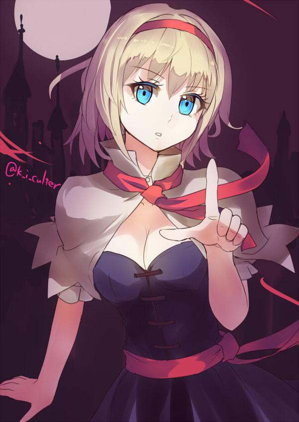 1girl alice_margatroid blue_dress blue_eyes breasts capelet castle cleavage commentary_request corset cowboy_shot culter dress full_moon hairband index_finger_raised light_brown_hair looking_at_viewer moon neckerchief parted_lips sash short_hair solo touhou tsurime twitter_username