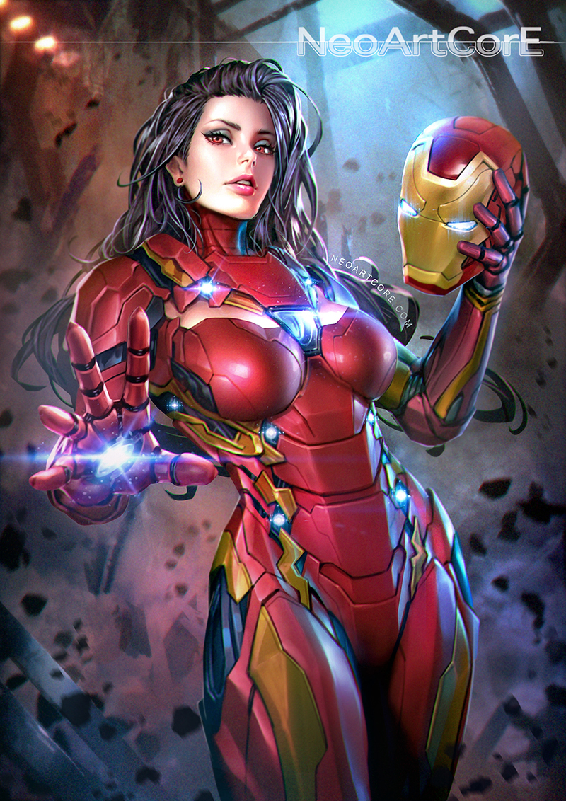 1girl arc_reactor arm_cannon armor artist_name avengers black_hair breasts contrapposto cowboy_shot debris destruction ear_studs earrings eyeshadow foreshortening genderswap genderswap_(mtf) glowing glowing_eyes hand_up headwear_removed helmet helmet_removed hips holding_helmet iron_man jewelry large_breasts light_rays lights lips lipstick long_hair looking_at_viewer makeup marvel neon_trim nudtawut_thongmai outstretched_hand parted_lips power_suit red_eyes rock serious solo standing watermark weapon web_address
