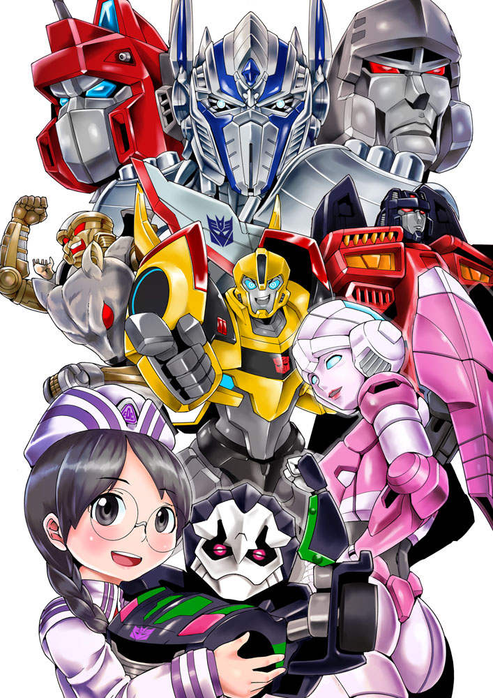 2girls 6+boys arcee autobot beast_wars blue_eyes bumblebee car chibi commentary_request decepticon glowing happy hitotonari_atari kamizono_(spookyhouse) kiss_players lockdown lockdown_(transformers) machine machinery male_focus maximal mecha megatron motor_vehicle multiple_boys multiple_girls oldschool open_mouth optimus_prime personification q-transformers rat rattrap red_eyes robot science_fiction size_difference smile star_saber_(transformers) starscream transformers transformers_animated transformers_armada transformers_prime transformers_victory vehicle