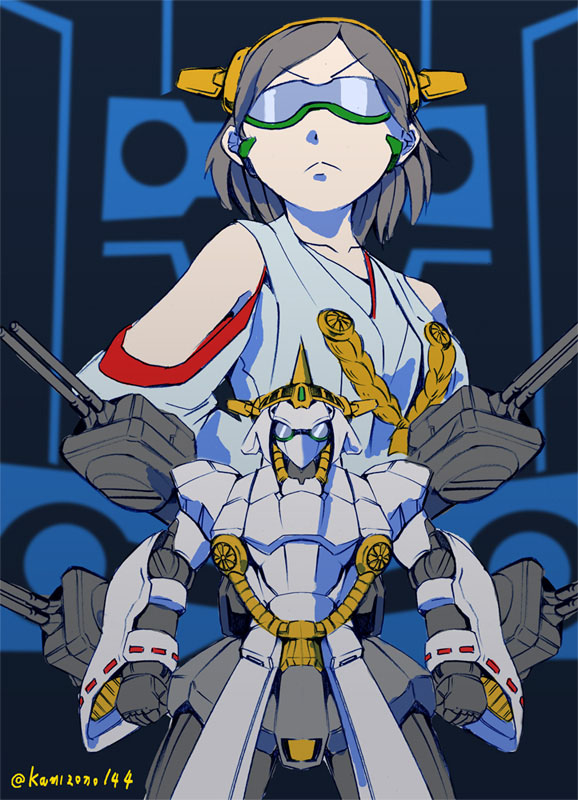 1girl adjusting_glasses bare_shoulders black_hair breasts detached_sleeves glasses gundam gundam_build_fighters hairband headgear japanese_clothes kamizono_(spookyhouse) kantai_collection kirishima_(kantai_collection) machinery mecha miss_sazabi nontraditional_miko parody ribbon-trimmed_sleeves ribbon_trim robot science_fiction short_hair skirt solo sunglasses turret weapon