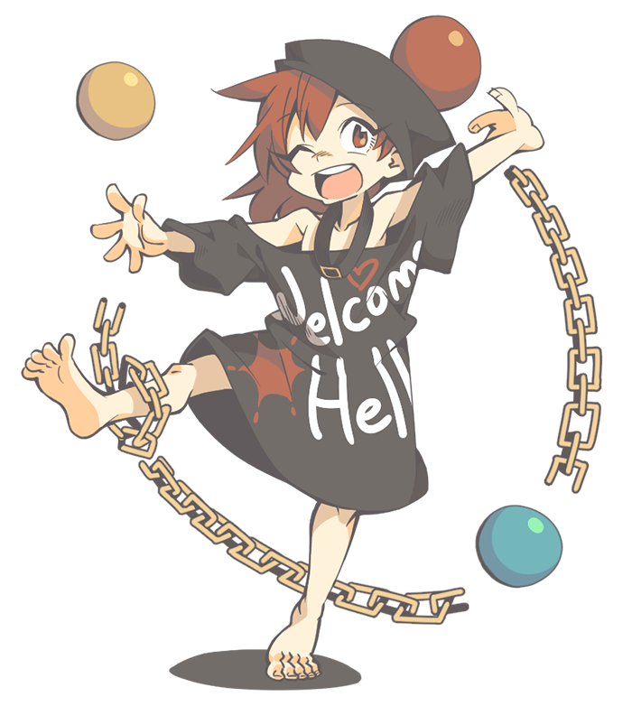1girl bare_shoulders barefoot chain clothes_writing collar earth_(ornament) hat hecatia_lapislazuli long_hair moon_(ornament) open_mouth ori_(yellow_duckling) polos_crown red_eyes redhead shirt smile solo t-shirt touhou younger