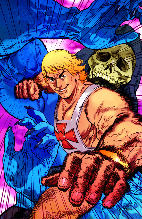 2012 black_eyes blonde_hair blue_skin fantasy felipe_smith fingernails he-man hood looking_at_viewer manly masters_of_the_universe muscle punching scared signature skeletor skull tan