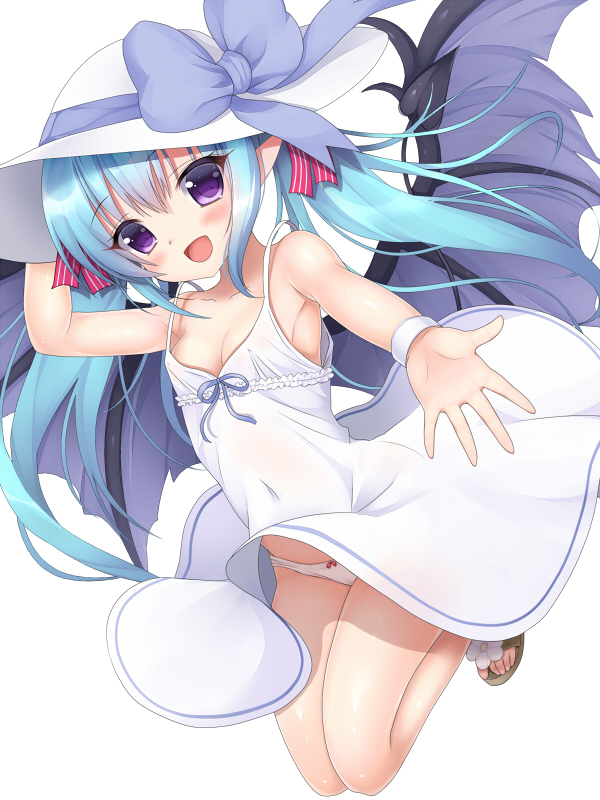 1girl :d arm_up armpits bow bow_panties breasts cleavage covered_navel demon_wings dress foreshortening full_body hat hat_bow inma_kourin_devil_carnival jumping legs_together looking_at_viewer no_legwear open_mouth panties purple_bow purple_ribbon red_bow ribbon sandals seta_(monyun) shiny shiny_skin simple_background sleeveless sleeveless_dress smile solo sun_hat sundress tareme underwear violet_eyes white_background white_hat white_panties wings wrist_cuffs