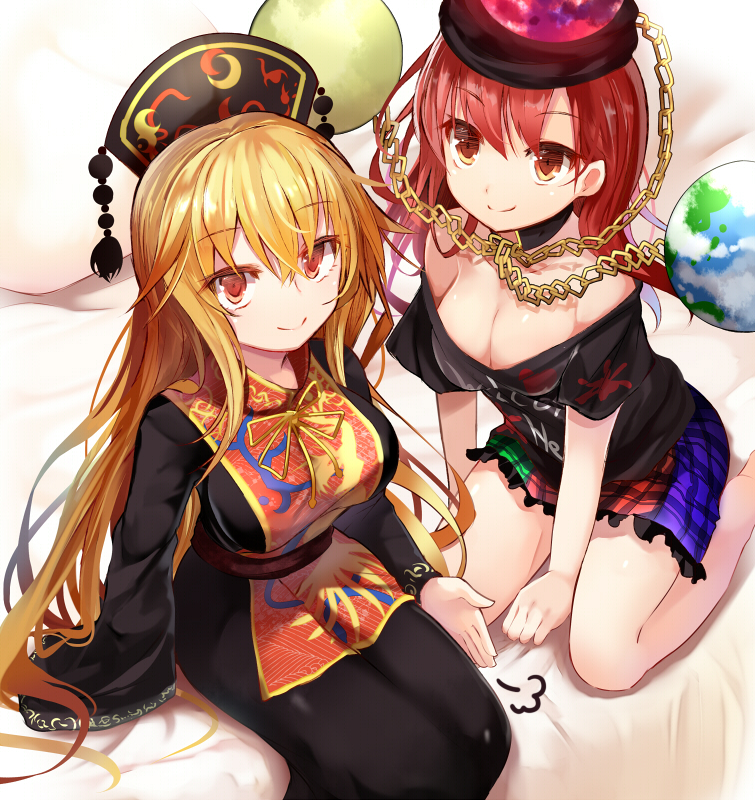 2girls bare_legs bare_shoulders barefoot black_dress black_shirt blonde_hair breasts chain chinese_clothes cleavage clothes_writing collar collarbone dress earth_(ornament) efe hat hecatia_lapislazuli junko_(touhou) long_hair long_sleeves looking_at_viewer looking_up miniskirt moon_(ornament) multicolored_skirt multiple_girls off-shoulder_shirt orange_eyes polos_crown red_eyes redhead shirt short_hair skirt smile t-shirt tabard tassel touhou very_long_hair wide_sleeves