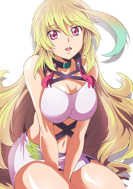 1girl ahoge bare_shoulders blonde_hair breasts choker cleavage commentary_request cowboy_shot green_hair large_breasts long_hair looking_at_viewer midriff milla_maxwell miniskirt multicolored_hair navel official_style open_mouth pink_eyes side_slit simple_background skirt sleeveless solo tales_of_(series) tales_of_xillia tareme two-tone_hair v_arms very_long_hair washizuka_shou white_background white_skirt