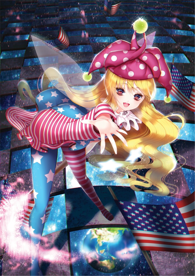 1girl :d american_flag american_flag_legwear american_flag_shirt arm_at_side bangs bent_over blonde_hair blurry clownpiece depth_of_field dress earth eyebrows eyebrows_visible_through_hair eyelashes fairy_wings flag frills hat holding jester_cap legs_apart lens_flare long_hair looking_at_viewer mismatched_legwear neck_ruff open_mouth outstretched_arm palms pantyhose polka_dot polka_dot_hat radge red_eyes shadow short_dress smile solo space sparkle sphere standing star star_(sky) star_print striped touhou transparent_wings up_sleeve very_long_hair wavy_hair wings
