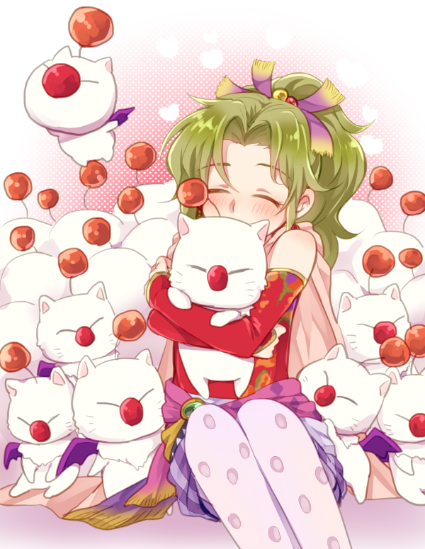 1girl ^_^ blush cape closed_eyes detached_sleeves final_fantasy final_fantasy_vi green_hair hair_ribbon halftone heart hug hug_from_behind monyoe moogle ponytail red_nose ribbon sitting thigh-highs tina_branford whiskers wings