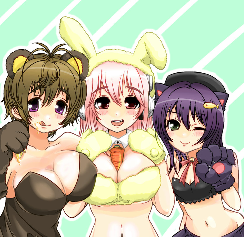 3girls :q animal_ears bear_ears bear_paws between_breasts black_hair blush breasts brown_hair carrot cat_ears cat_paws cleavage collar commentary_request fake_animal_ears food fujimi_suzu gloves green_eyes hat headphones honey jinusunako large_breasts licking_lips long_hair looking_at_viewer multiple_girls navel nitroplus open_mouth paw_gloves paw_pose paws pink_eyes pink_hair rabbit_ears short_hair smile super_sonico tongue tongue_out violet_eyes watanuki_fuuri wink