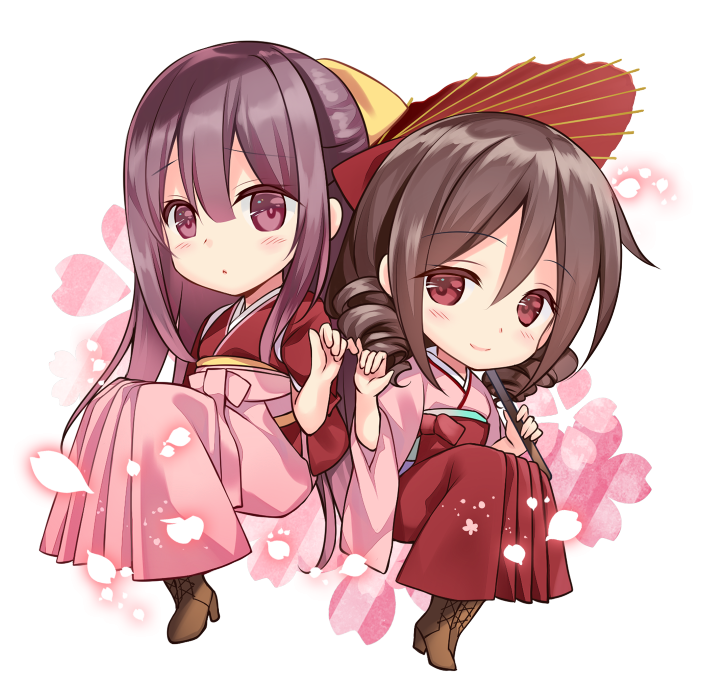 2girls blush boots bow chibi closed_mouth commentary_request cross-laced_footwear hair_bow hakama harukaze_(kantai_collection) japanese_clothes kamikaze_(kantai_collection) kantai_collection kimono lace-up_boots long_hair long_sleeves meiji_schoolgirl_uniform multiple_girls rei_(rei's_room) ribbon smile wide_sleeves yellow_bow