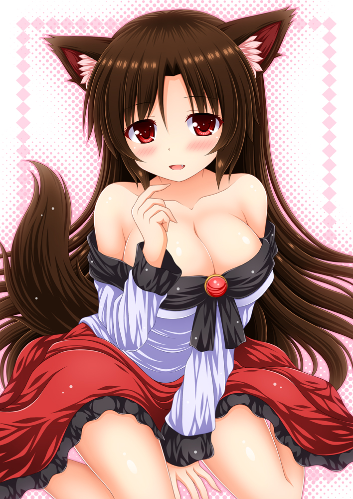 1girl animal_ears bangs bare_shoulders between_legs blush breasts brooch brown_hair cleavage collarbone fang hand_between_legs imaizumi_kagerou jewelry large_breasts long_hair looking_at_viewer nagana_sayui off_shoulder red_eyes red_skirt shirt sitting skirt smile solo tail touhou wariza white_shirt wolf_ears wolf_tail