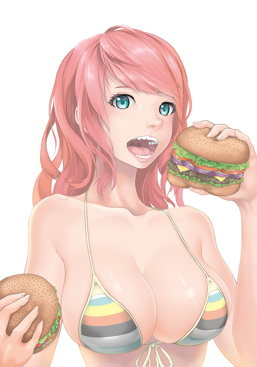 anzheli bare_shoulders bikini_top blue_eyes breasts cleavage collarbone food front-tie_top hamburger highres long_hair looking_at_viewer open_mouth original shiny shiny_skin simple_background skindentation striped swimsuit teeth uvula