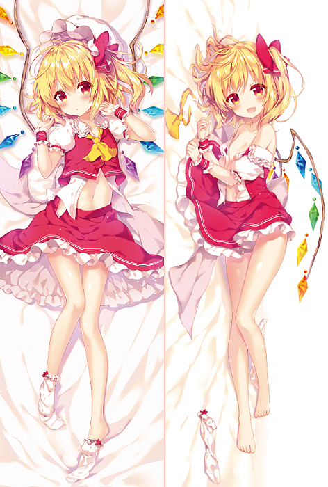 1girl ascot bare_legs bare_shoulders barefoot blob blonde_hair dakimakura fang flandre_scarlet hat hat_ribbon looking_at_viewer lying mob_cap multiple_views navel no_hat off_shoulder on_back on_side open_clothes open_mouth open_shirt puffy_short_sleeves puffy_sleeves red_eyes ribbon riichu shirt shirt_pull short_sleeves side_ponytail skirt skirt_set smile sock_dangle socks_removed touhou vest wings wrist_cuffs
