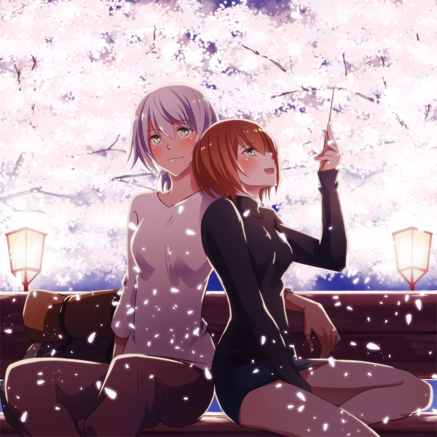 2girls :d aihara_kaya bangs bench black_dress blush breasts brown_hair cherry_blossoms closed_mouth dress eyebrows eyebrows_visible_through_hair flying_witch glowing green_eyes hair_between_eyes holding inukai_(flying_witch) kowata_akane lantern long_sleeves looking_up multiple_girls open_mouth outdoors petals profile short_dress short_hair sitting sleeves_past_elbows smile swept_bangs tree turtleneck wand