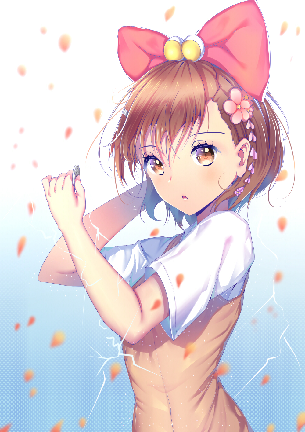 1girl :o arm_up bell bell_collar biribiri blush bow brown_eyes brown_hair coin collar electricity from_side hair_bow halftone halftone_background hand_in_hair highres holding_coin looking_at_viewer looking_to_the_side misaka_mikoto open_mouth petals pink_bow shirt short_hair short_sleeves simple_background solo sweater_vest tareme tassel to_aru_kagaku_no_railgun to_aru_majutsu_no_index upper_body white_background white_shirt wing_collar xiaosan_ye