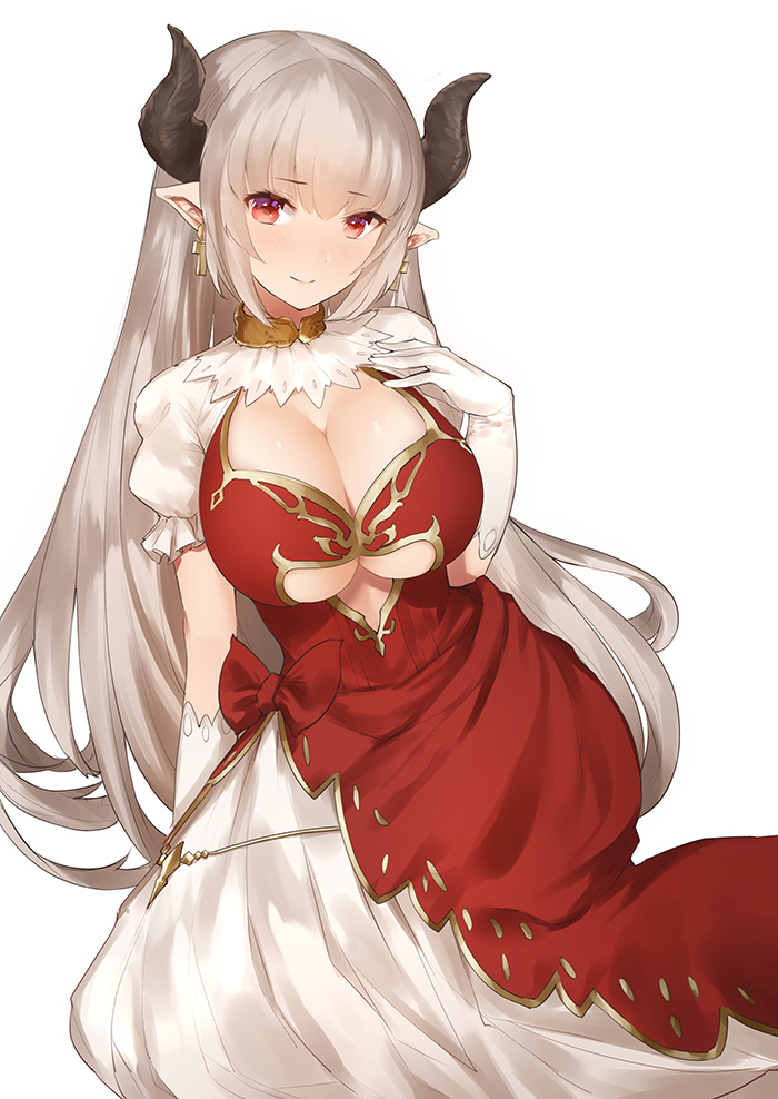 1girl alicia_(granblue_fantasy) bangs blush breasts center_opening cleavage cross cross_earrings dress earrings gloves granblue_fantasy horns jewelry large_breasts layered_dress long_hair looking_at_viewer pointy_ears red_dress red_eyes silver_hair simple_background sitting smile solo under_boob underboob_cutout very_long_hair white_dress white_gloves yaman_(yamanta_lov)