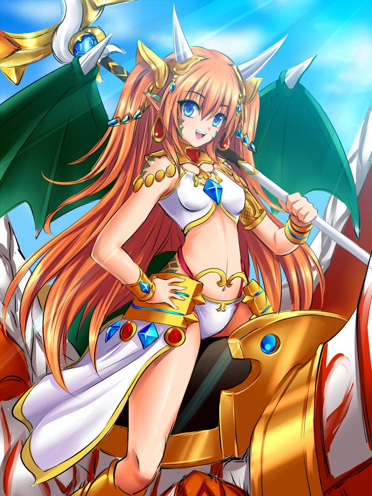 1girl :d armlet blue_eyes blush bracelet character_request commentary_request dragon_girl dragon_horns dragon_tail dragon_wings earrings hair_ornament hand_on_hip hijikawa_arashi horns jewelry long_hair looking_at_viewer navel open_mouth orange_hair over_shoulder panties pointy_ears riding shironeko_project smile solo staff sunlight tail two_side_up underwear weapon weapon_over_shoulder white_panties wings