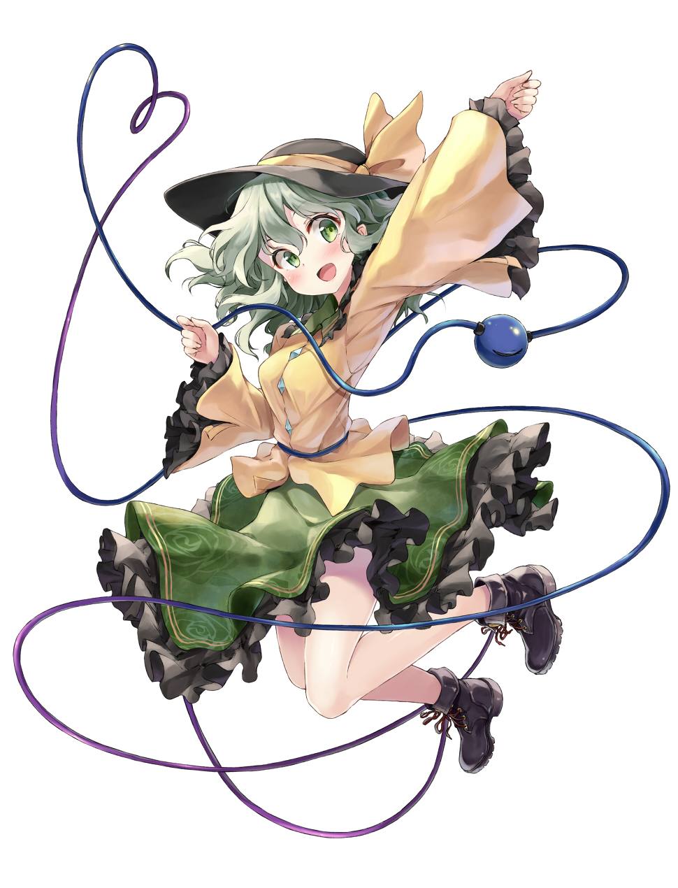 1girl :d ankle_boots arm_up black_boots blush boots cross-laced_footwear floral_print full_body green_eyes green_hair green_skirt hat hat_ribbon head_tilt heart heart_of_string highres jumping kakao_rantan komeiji_koishi lace-up_boots long_sleeves looking_at_viewer open_mouth ribbon rose_print shirt simple_background skirt smile solo third_eye touhou wavy_hair white_background wide_sleeves