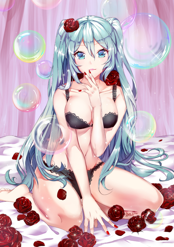 1girl alternate_costume aqua_eyes aqua_hair bangs barefoot between_legs black_bra black_panties bra breast_squeeze breasts bubble cleavage closed_mouth collarbone curtains eyebrows eyebrows_visible_through_hair eyelashes flower hair_between_eyes hair_flower hair_ornament hand_between_legs hatsune_miku indoors lace-trimmed_bra lace-trimmed_panties large_breasts lipstick long_hair looking_at_viewer makeup maokezi nail_polish navel on_bed panties petals pink_lips red_flower red_nails red_rose rose signature sitting smile solo sparkle twintails underwear underwear_only very_long_hair vocaloid wariza