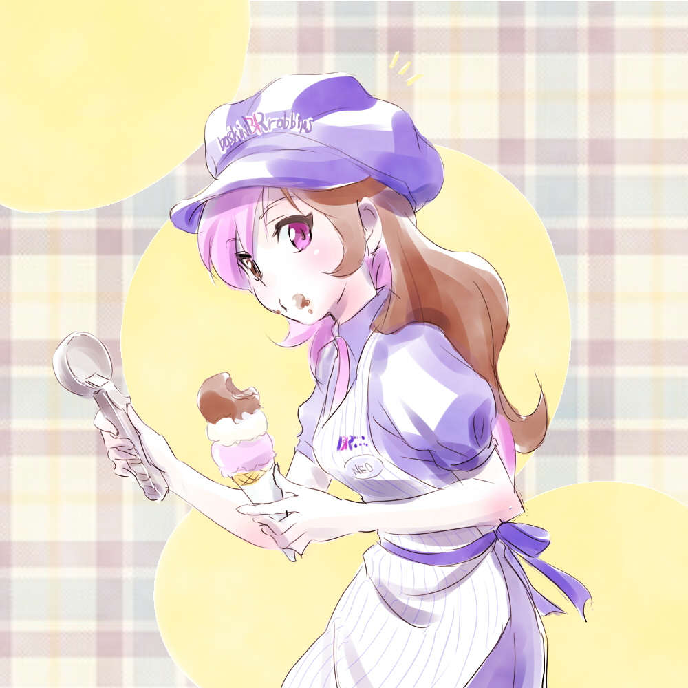 /\/\/\ 1girl apron baskin-robbins brown_eyes brown_hair cabbie_hat chocolate_ice_cream clothes_writing collared_dress contemporary cowboy_shot dress eating employee_uniform food food_on_face hat heterochromia holding ice_cream ice_cream_cone ice_cream_on_face ice_cream_scoop iesupa long_hair looking_at_viewer multicolored_hair name_tag necktie neo_(rwby) pink_eyes pink_hair pink_necktie puffy_short_sleeves puffy_sleeves purple_dress purple_hat rwby shirt short_sleeves solo strawberry_ice_cream striped surprised tartan_background tsurime uniform vanilla_ice_cream vertical-striped_apron vertical_stripes white_apron wing_collar