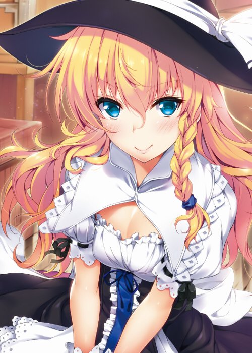&gt;:) 1girl black_dress black_ribbon blonde_hair blue_eyes blush braid breasts cleavage commentary_request curiosities_of_lotus_asia dress frilled_dress frills hair_tubes hat hat_ribbon kirisame_marisa long_hair looking_at_viewer nironiro puffy_short_sleeves puffy_sleeves ribbon ribbon-trimmed_sleeves ribbon_trim short_sleeves side_braid single_braid small_breasts smile solo touhou tsurime upper_body v_arms white_ribbon witch_hat