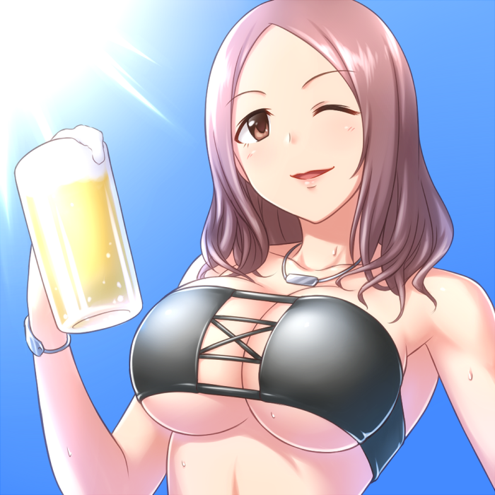1girl ;d alcohol armpits bandeau bare_shoulders beer beer_mug bikini black_bikini blue_sky blush bracelet breasts brown_eyes cleavage collarbone cross-laced_clothes cup day drink foam grey_hair hand_up holding holding_glass idolmaster idolmaster_cinderella_girls jewelry large_breasts light_rays lips long_hair mug necklace one_eye_closed open_mouth outdoors pataniito sawada_marina sky smile solo strapless strapless_bikini sun sunlight sweat swimsuit tareme under_boob upper_body