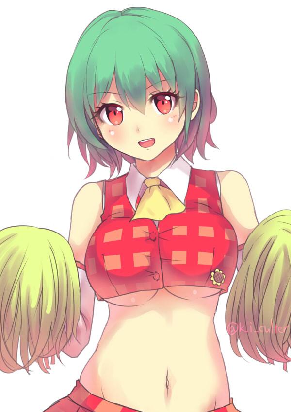 1girl :d adapted_costume ascot bare_shoulders blush breasts buttons cheerleader commentary_request crop_top crop_top_overhang culter elbow_gloves flower gloves green_hair groin kazami_yuuka large_breasts looking_at_viewer navel open_mouth plaid plaid_skirt plaid_vest pom_poms red_eyes short_hair simple_background skirt smile solo sunflower touhou twitter_username under_boob upper_body white_background white_gloves