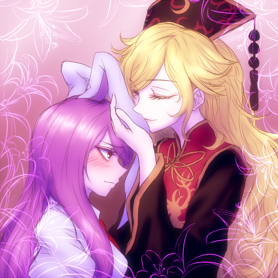 2girls animal_ears black_dress blonde_hair blush chinese_clothes closed_eyes dress ear_kiss flower gradient gradient_background hat junko_(touhou) lily_(flower) long_hair long_sleeves looking_at_another looking_up miata_(pixiv) multiple_girls necktie pink_background profile puffy_sleeves purple_hair rabbit_ears red_eyes red_necktie reisen_udongein_inaba shirt smelling smile tabard tassel touhou upper_body very_long_hair white_shirt wide_sleeves yuri