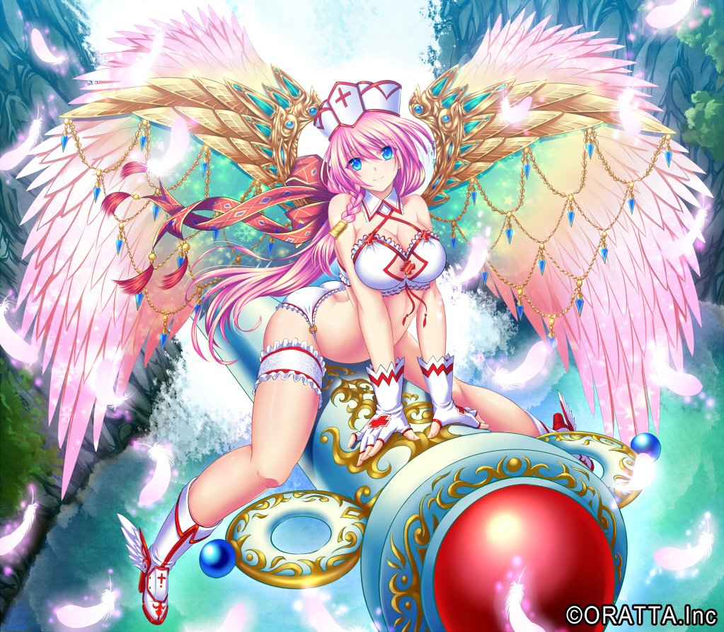 1girl angel_wings arched_back bare_shoulders blue_eyes braid breasts butt_crack chloris_garden cleavage commentary_request copyright_name detached_collar dress fantasy fingerless_gloves full_body gloves hair_tubes hat hijikawa_arashi lake large_breasts long_hair looking_at_viewer nature original panties pink_feather pink_hair pink_wings red_cross riding shoes side_braid single_braid sitting sleeveless smile solo tareme thigh_strap underwear white_gloves white_panties white_shoes wing_ornament winged_shoes wings