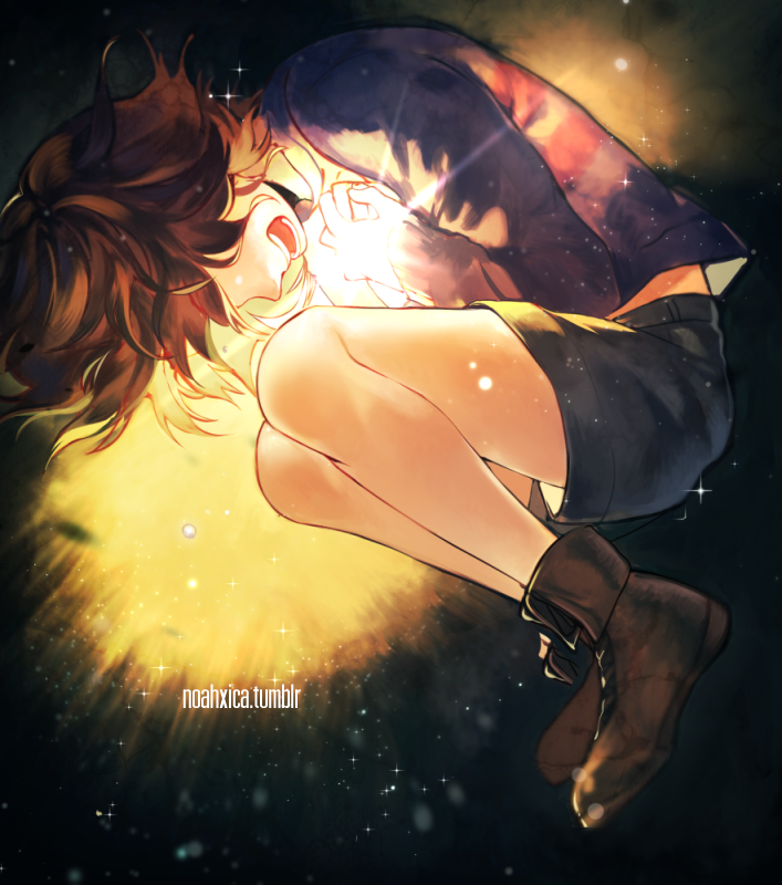 androgynous brown_hair frisk_(undertale) full_body glowing hands_on_own_chest hidden_eyes noahxica open_mouth shirt shoes shorts solo sparkle striped striped_shirt undertale watermark web_address