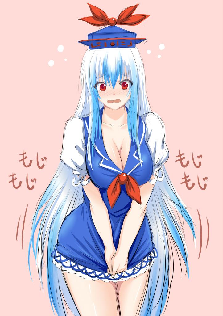 1girl blue_dress blue_hair blush breasts cleavage collarbone commentary_request cowboy_shot dress dress_tug flying_sweatdrops hat hijikawa_arashi kamishirasawa_keine large_breasts long_hair looking_at_viewer multicolored_hair nose_blush pink_background puffy_short_sleeves puffy_sleeves red_eyes short_dress short_sleeves silver_hair solo tareme touhou two-tone_hair v_arms very_long_hair