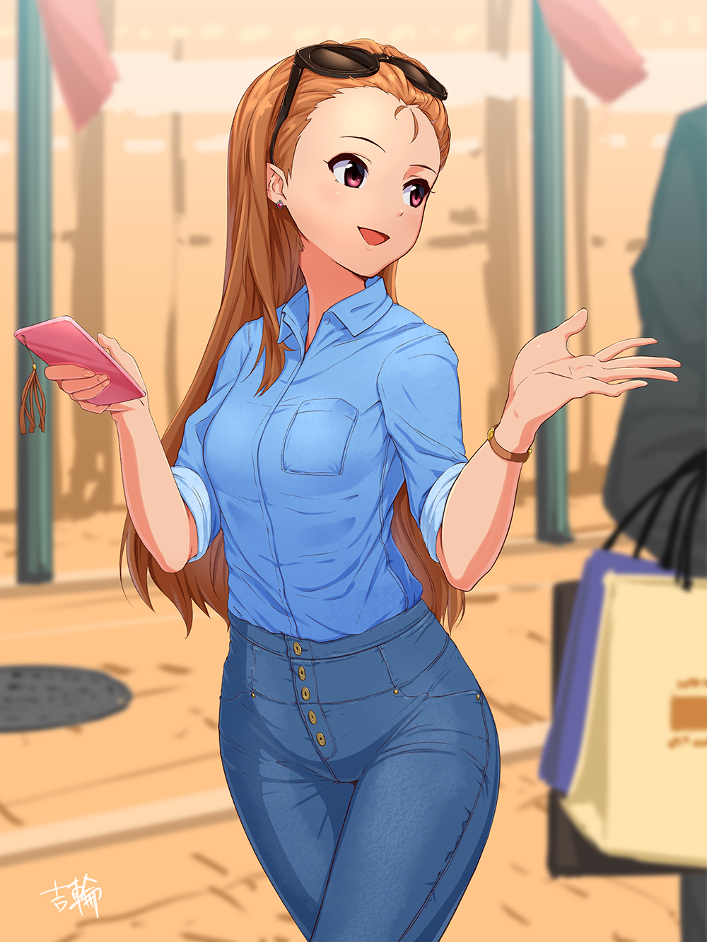 1girl bag brown_hair cellphone cowboy_shot denim earrings highres hips idolmaster jeans jewelry long_hair looking_to_the_side minase_iori open_mouth pants phone shirt shopping_bag signature sleeves_rolled_up smartphone smile solo_focus sunglasses sunglasses_on_head thighs tight tight_pants violet_eyes yoshiwa_tomo