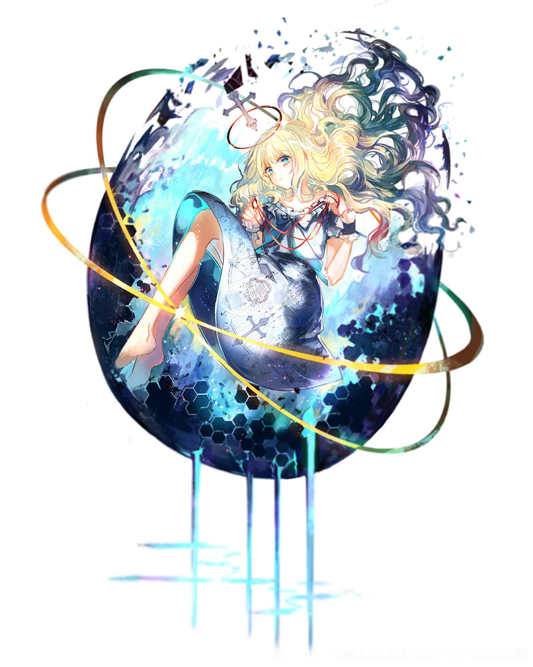 1girl abstract barefoot blonde_hair blue_eyes broken cross dress dripping floating_hair highres long_hair looking_at_viewer original red_string simple_background solo string vima white_background white_dress wrist_cuffs