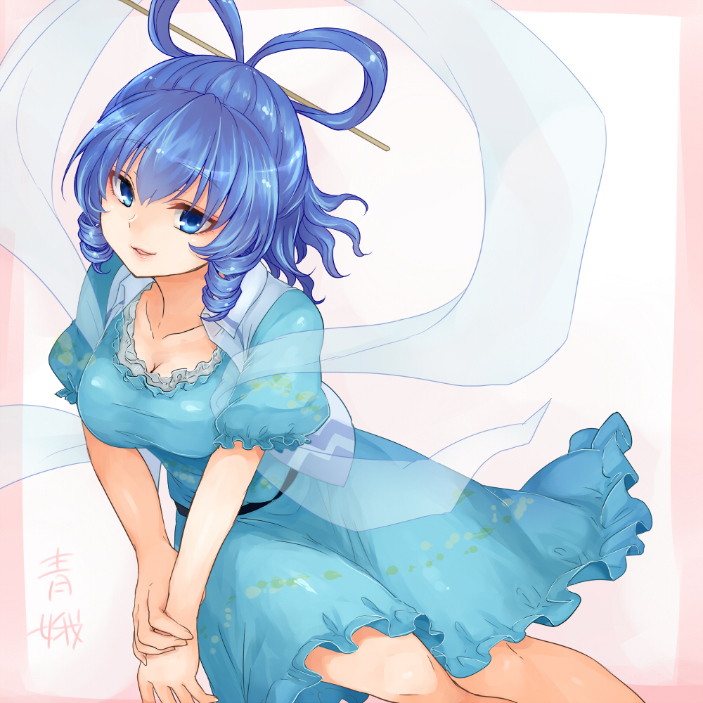1girl blue_dress blue_eyes blue_hair breasts cleavage collarbone dress drill_hair hair_ornament hair_rings hair_stick kaku_seiga large_breasts looking_at_viewer monrooru open_clothes open_mouth open_vest puffy_short_sleeves puffy_sleeves shawl short_sleeves smile solo touhou vest