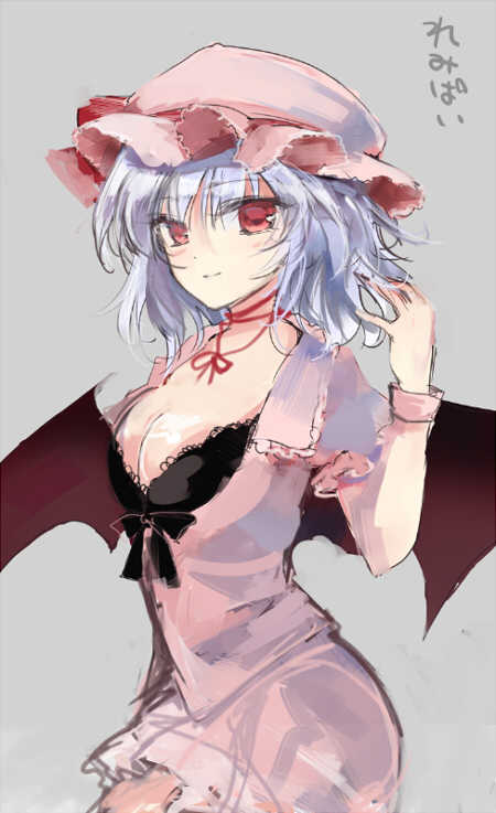 1girl alternate_breast_size bat_wings black_bra blush bow bow_bra bra breasts cleavage commentary_request cowboy_shot dress frilled_shirt_collar frilled_sleeves frills hat hat_ribbon large_breasts lavender_hair looking_at_viewer miniskirt mob_cap nazuka_(mikkamisaki) neck_ribbon older pink_dress puffy_short_sleeves puffy_sleeves red_eyes red_ribbon remilia_scarlet ribbon short_hair short_sleeves skirt skirt_set smile solo touhou underwear wings wrist_cuffs