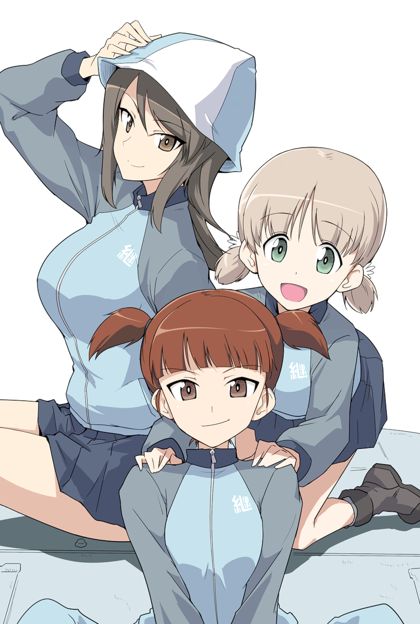 3girls aki_(girls_und_panzer) bangs blonde_hair blunt_bangs breasts brown_eyes brown_hair girls_und_panzer green_eyes grey_eyes hair_between_eyes hand_on_headwear hands_on_another's_shoulders harukon_(halcon) hat highres jacket kneeling large_breasts light_brown_hair long_hair looking_at_viewer low_twintails mika_(girls_und_panzer) mikko_(girls_und_panzer) multiple_girls pleated_skirt school_uniform short_hair short_twintails sitting sitting_on_object skirt smile tank_turret track_jacket twintails
