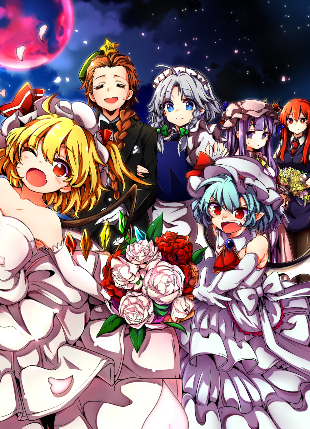 6+girls angry apron ascot baba_(baba_seimaijo) bare_shoulders bat_wings blonde_hair blue_eyes blue_hair blush bouquet braid closed_eyes collarbone crystal dress elbow_gloves fang flandre_scarlet flower formal full_moon gloves hat hat_ribbon highres hong_meiling izayoi_sakuya jacket koakuma layered_dress long_hair long_sleeves looking_at_viewer maid_headdress mob_cap moon multiple_girls night night_sky one_eye_closed open_mouth patchouli_knowledge petals pointy_ears purple_hair red_eyes red_moon redhead remilia_scarlet ribbon shirt short_hair side_braid side_ponytail silver_hair single_braid sky smile star strapless strapless_dress suit tears touhou twin_braids violet_eyes waist_apron wedding_dress white_dress white_gloves wings