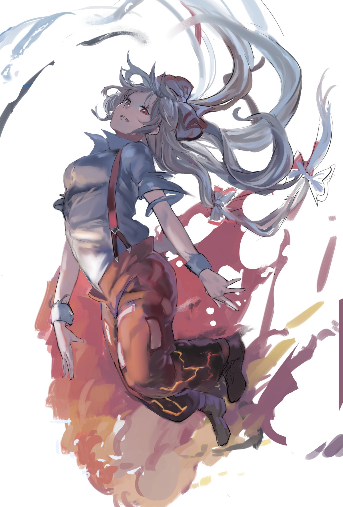 1girl :d baggy_pants bow commentary_request fire fujiwara_no_mokou full_body hair_bow hair_ribbon highres long_hair looking_at_viewer open_mouth pants red_eyes red_pants ribbon shirt short_sleeves silver_hair smile solo suspenders three_k_(spiritus_no_honoo) touhou very_long_hair white_shirt wristband