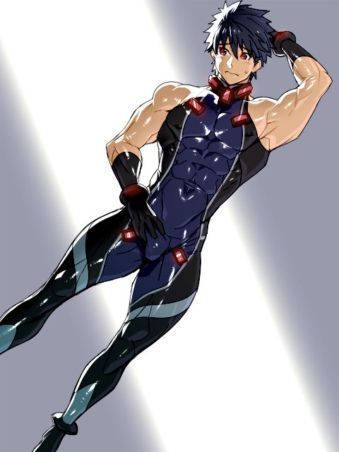 1boy abs arm_behind_head black_gloves black_hair blush bodysuit bulge dutch_angle embarrassed gloves grey_background hand_on_hip hundred kisaragi_hayato looking_to_the_side mabataki male_focus muscle nipples pectorals red_eyes shiny shiny_skin simple_background sleeveless solo spiky_hair sweatdrop wavy_mouth