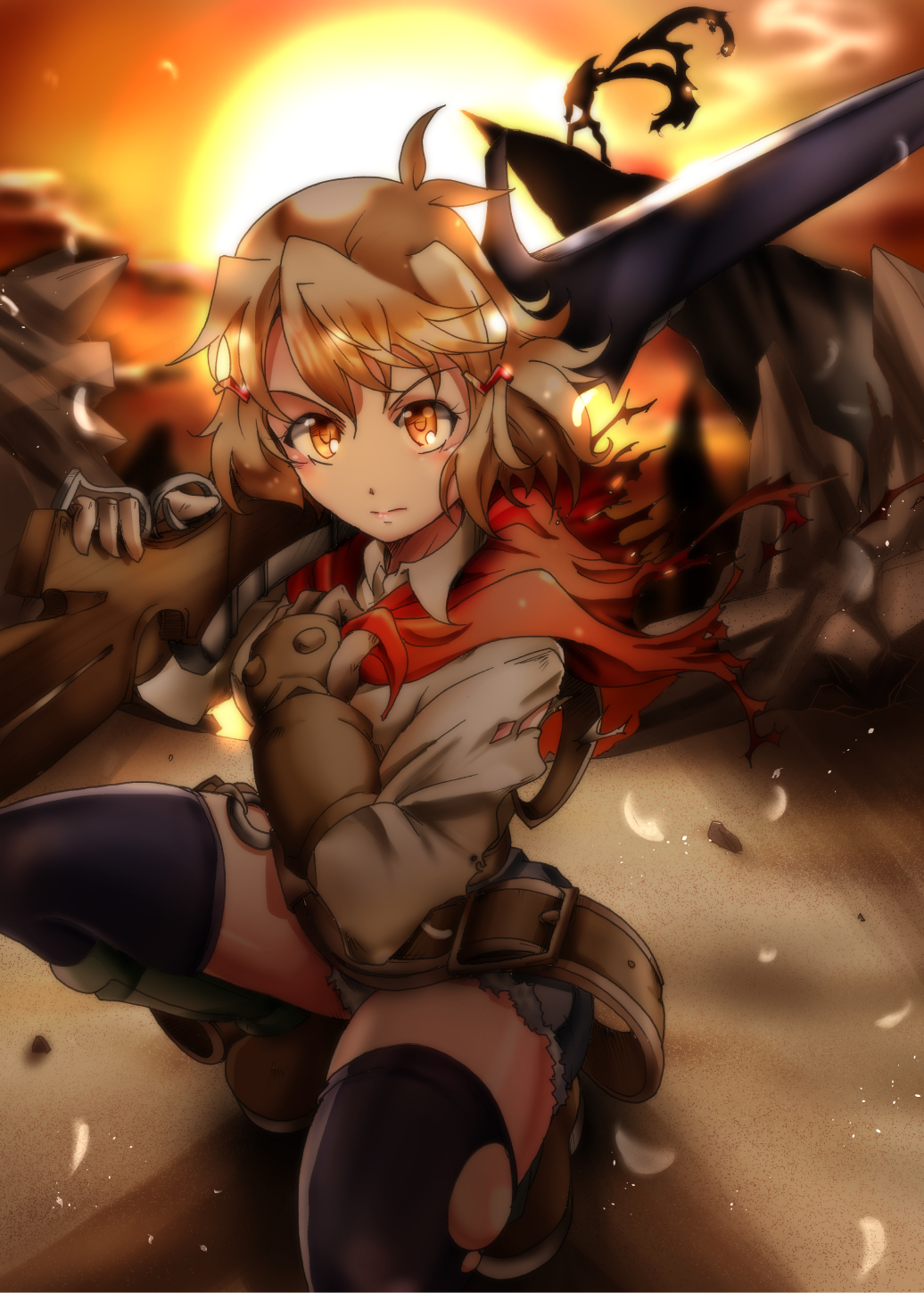 ashley_winchester_(cosplay) bayonet cliff denim denim_shorts glin gloves gun highres knight_blazer rifle scarf senki_zesshou_symphogear shorts suga_leon sunset sword tachibana_hibiki_(symphogear) thigh-highs torn_clothes torn_thighhighs weapon wild_arms wild_arms_2